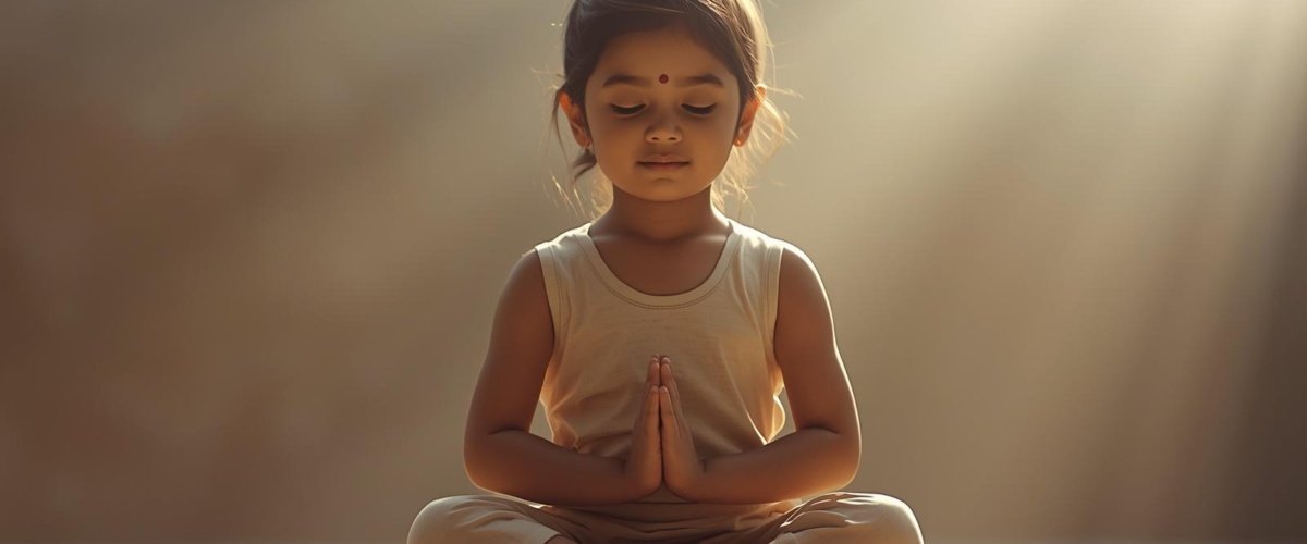 Generate a realistic image of a Indian child sitting in mindfullness in 600_300 px